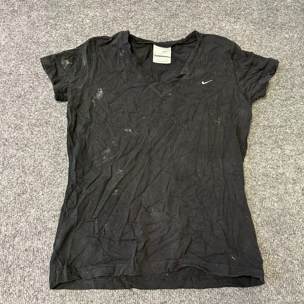 Nike T-Shirt Womens Size S Black V-Neck Short Sleeve Cotton Blend Athletic Top